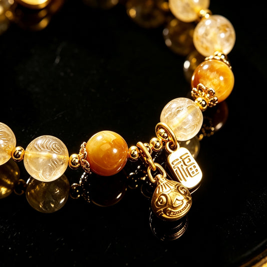 Natural golden rutilated quartz crystal moonstone bracelet