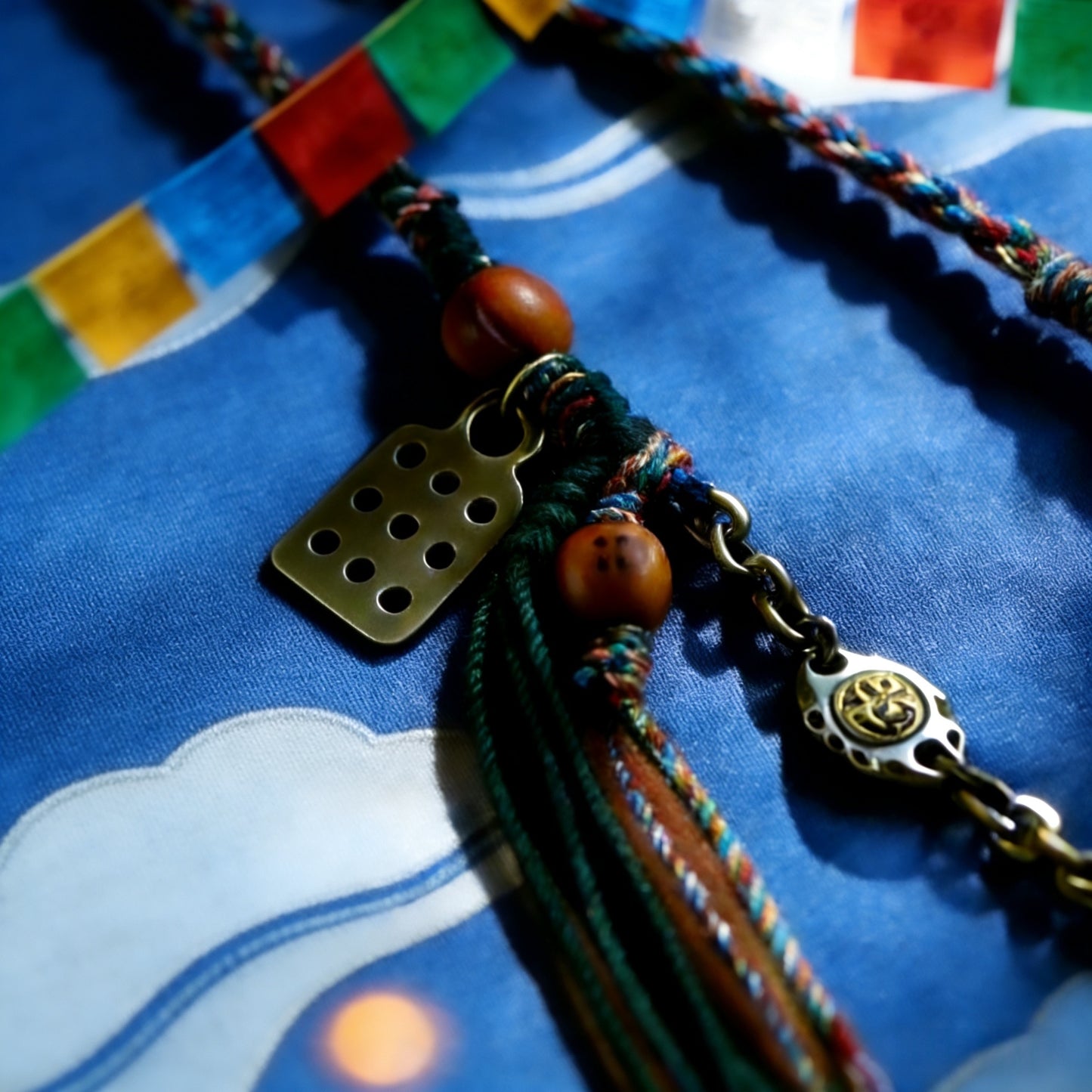 Handmade Tibetan Braided Pendant Cord with Natural Gemstone Beads, Vintage Brass Amulet, Spiritual Protection Necklace for Buddhist Meditation & Yoga