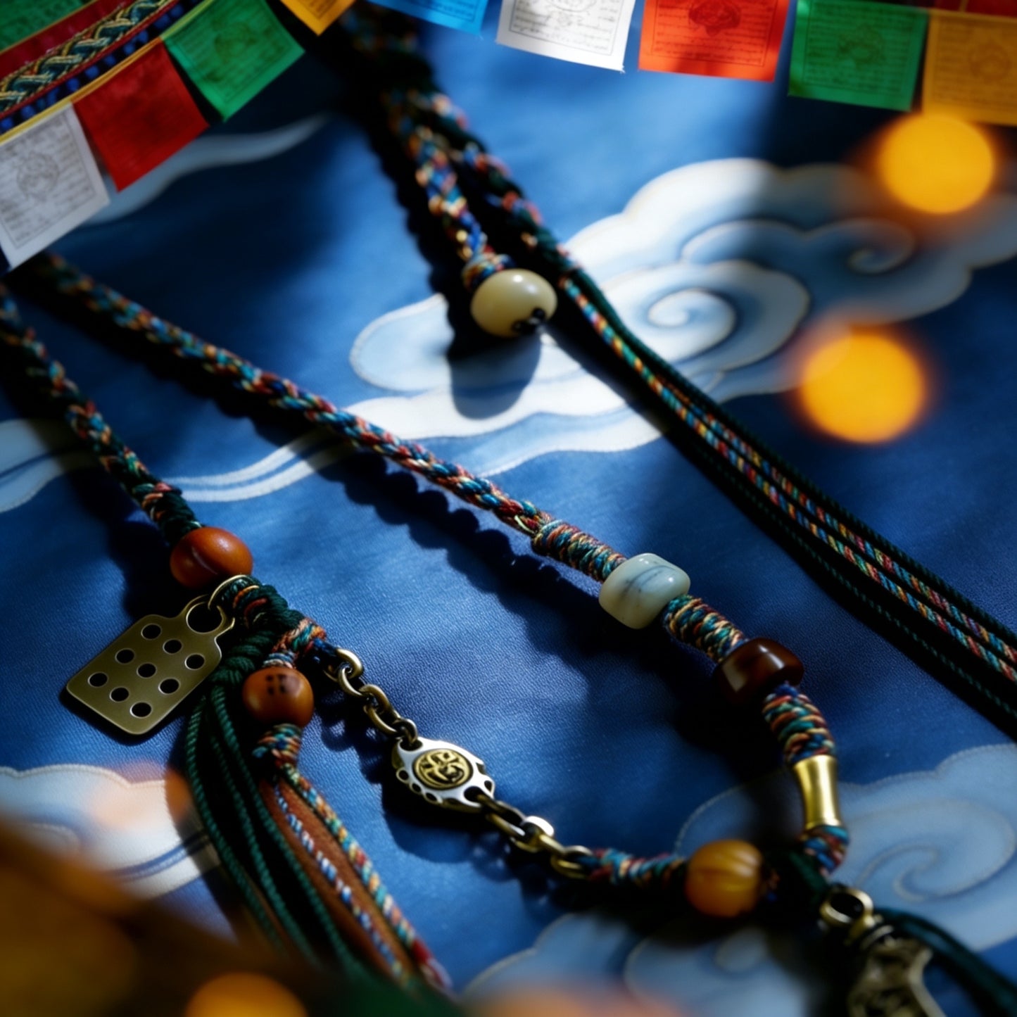 Handmade Tibetan Braided Pendant Cord with Natural Gemstone Beads, Vintage Brass Amulet, Spiritual Protection Necklace for Buddhist Meditation & Yoga