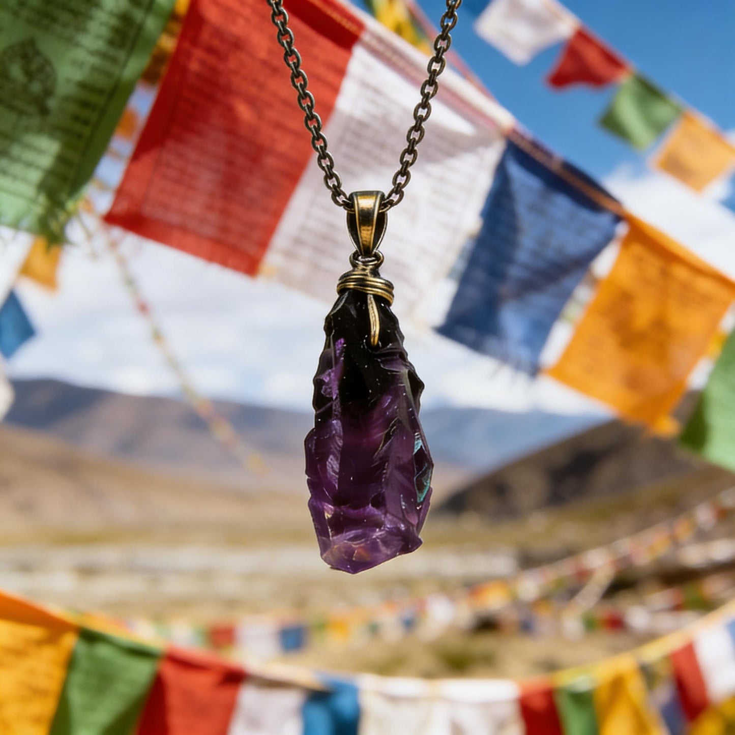 Handmade Tibetan Raw Amethyst Crystal Pendant Necklace