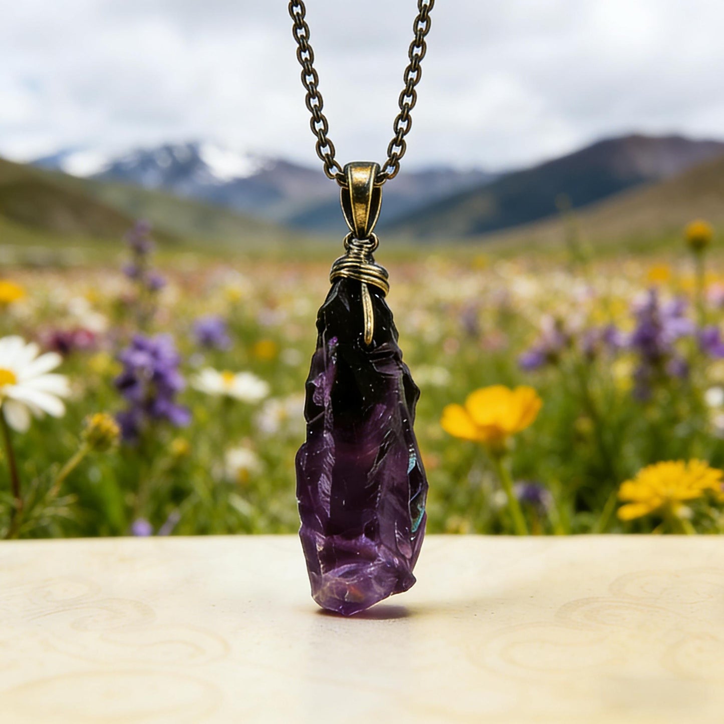 Handmade Tibetan Raw Amethyst Crystal Pendant Necklace