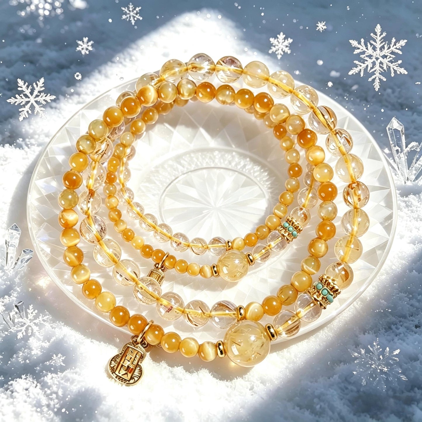 Natural Golden Rutilated Quartz Double Circle Bracelet for Women, Fashionable Gold Tiger Eye Amethyst Bracelet
