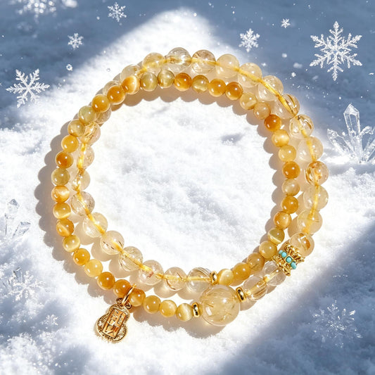 Natural Golden Rutilated Quartz Double Circle Bracelet for Women, Fashionable Gold Tiger Eye Amethyst Bracelet