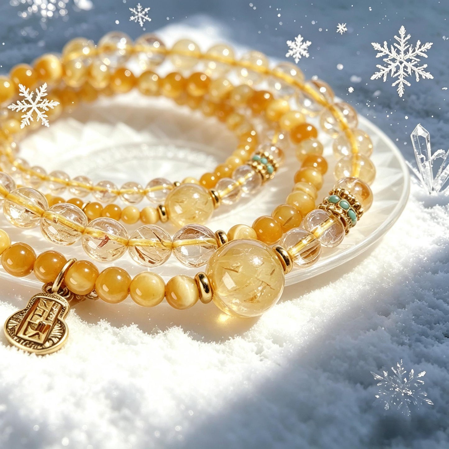 Natural Golden Rutilated Quartz Double Circle Bracelet for Women, Fashionable Gold Tiger Eye Amethyst Bracelet