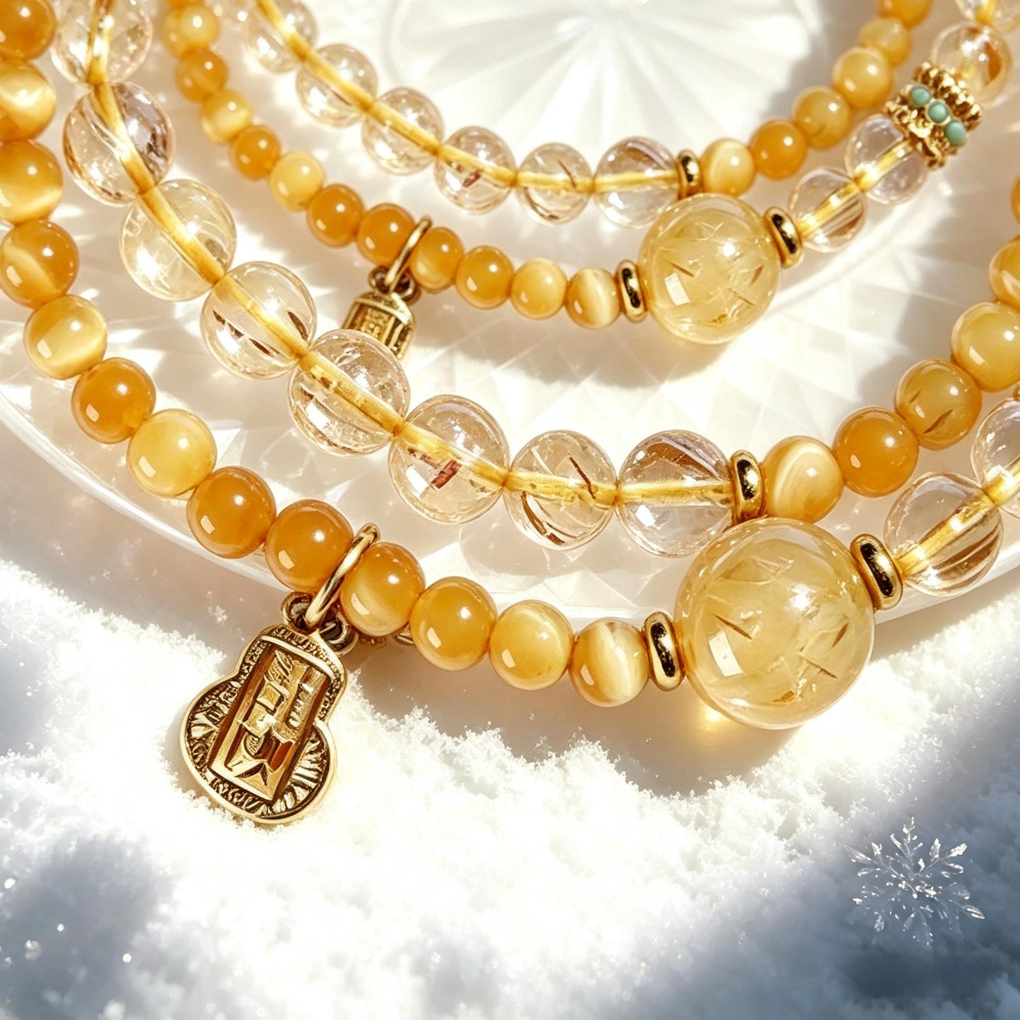 Natural Golden Rutilated Quartz Double Circle Bracelet for Women, Fashionable Gold Tiger Eye Amethyst Bracelet