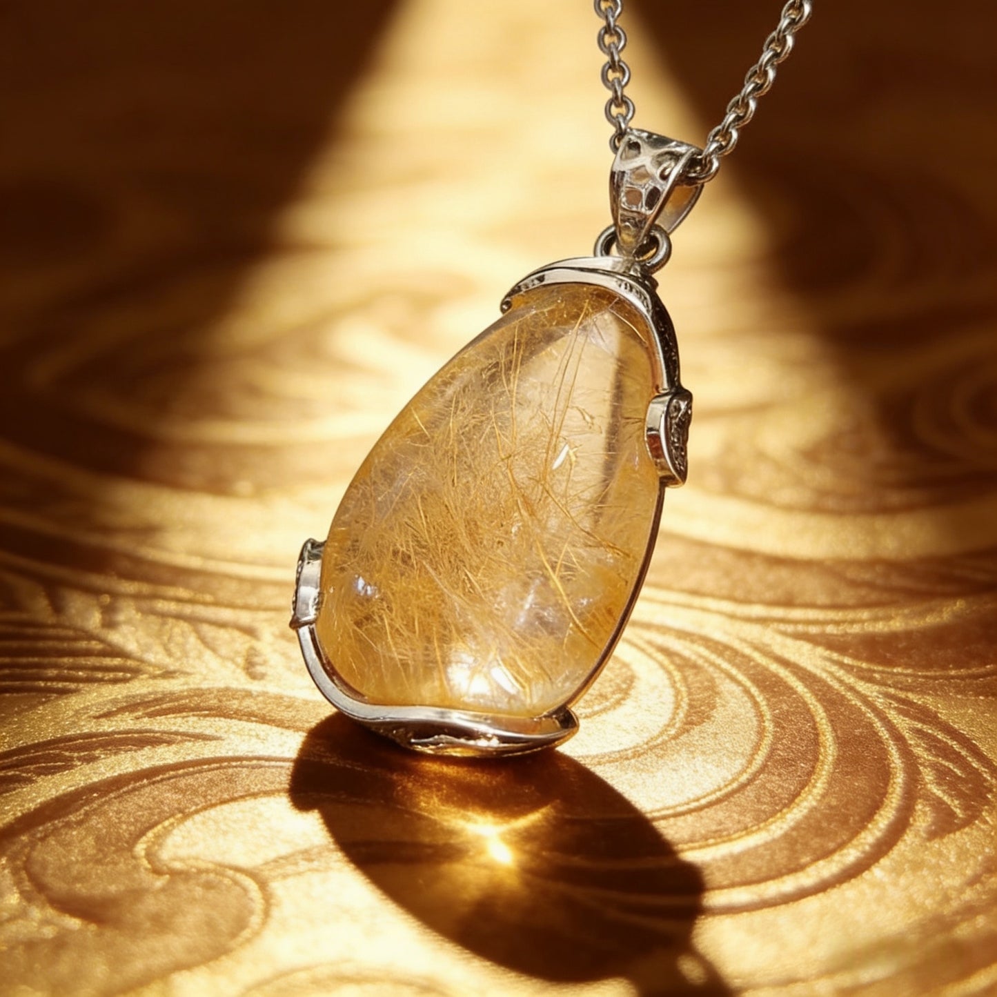Tibetan Natural Stone Water Drop Crystal Pendant Necklace Yellow Rutilated Quartz Pendant Necklace
