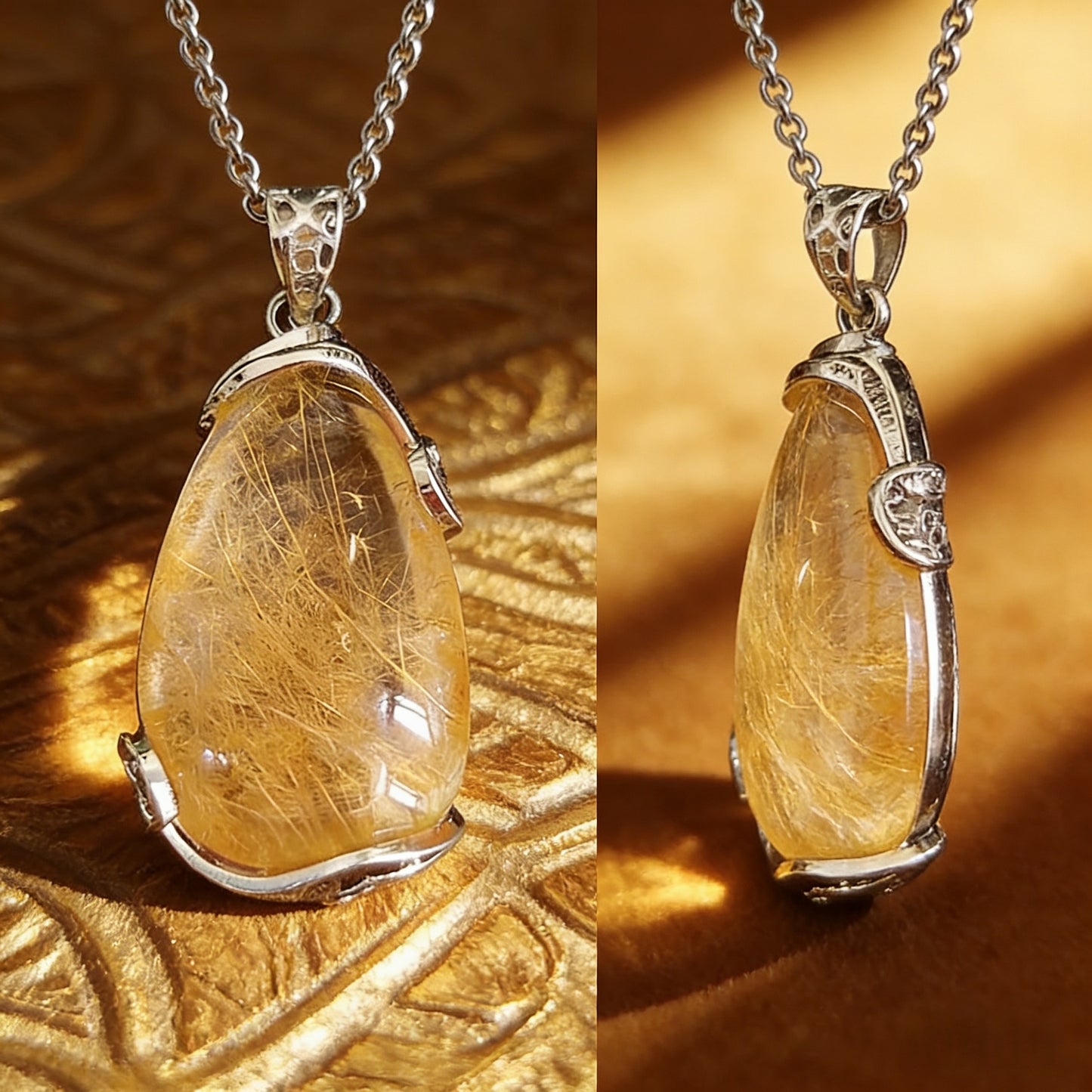 Tibetan Natural Stone Water Drop Crystal Pendant Necklace Yellow Rutilated Quartz Pendant Necklace