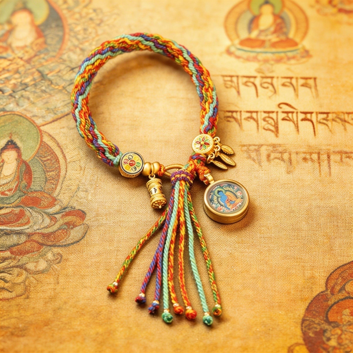 TIBETAN GUARDIAN THANGKA BRACELET,HAND WOVE FIVE COLOR ROPE