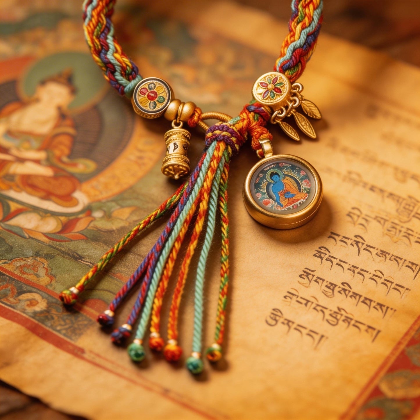 TIBETAN GUARDIAN THANGKA BRACELET,HAND WOVE FIVE COLOR ROPE