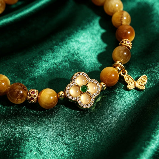 Gold Tiger Eye Stone Bracelet for Women, New Chinese Style, Light Luxury, Niche, Exquisite, Vintage Four-Leaf Clover Bracelet