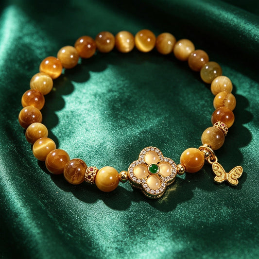 Gold Tiger Eye Stone Bracelet for Women, New Chinese Style, Light Luxury, Niche, Exquisite, Vintage Four-Leaf Clover Bracelet