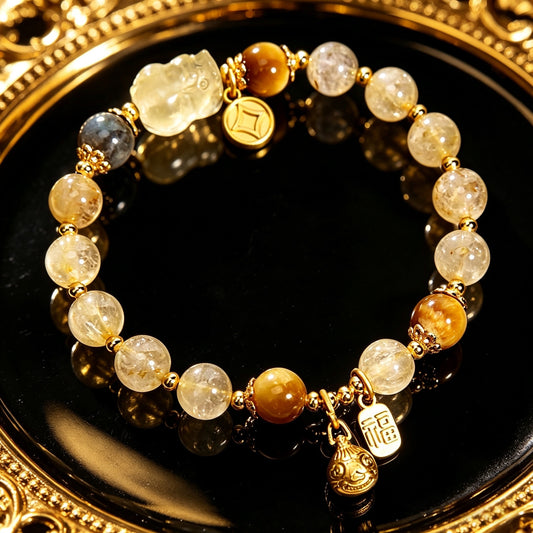 Natural golden rutilated quartz crystal moonstone bracelet