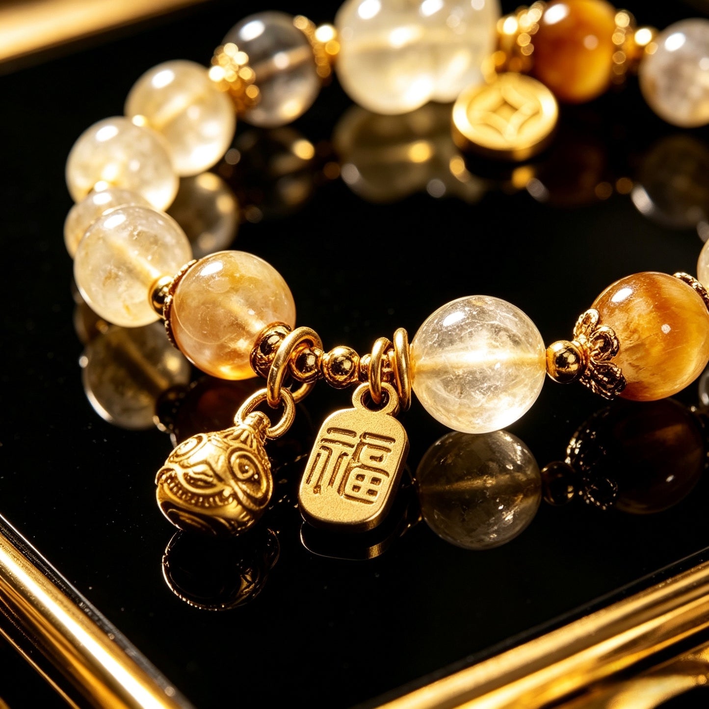 Natural golden rutilated quartz crystal moonstone bracelet