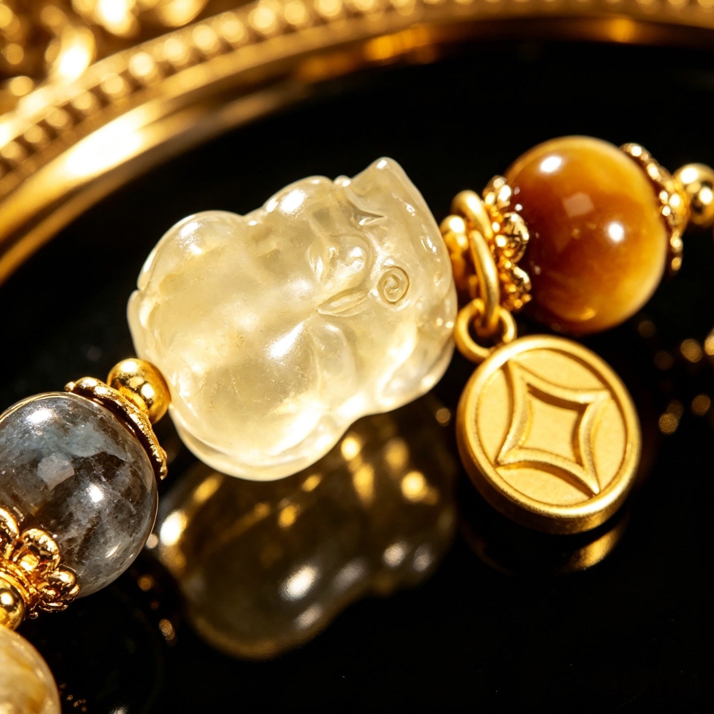 Natural golden rutilated quartz crystal moonstone bracelet