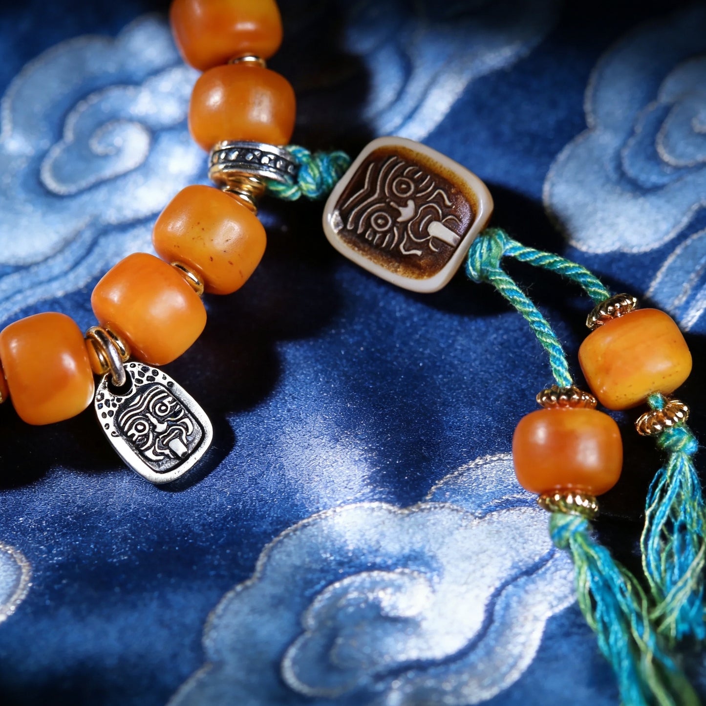 Handmade Tibetan Yak Bone Mala Bracelet, Vintage Citipati Amulet with Turquoise Spacers, Spiritual Protection Jewelry for Meditation