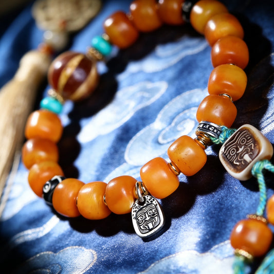 Handmade Tibetan Yak Bone Mala Bracelet, Vintage Citipati Amulet with Turquoise Spacers, Spiritual Protection Jewelry for Meditation