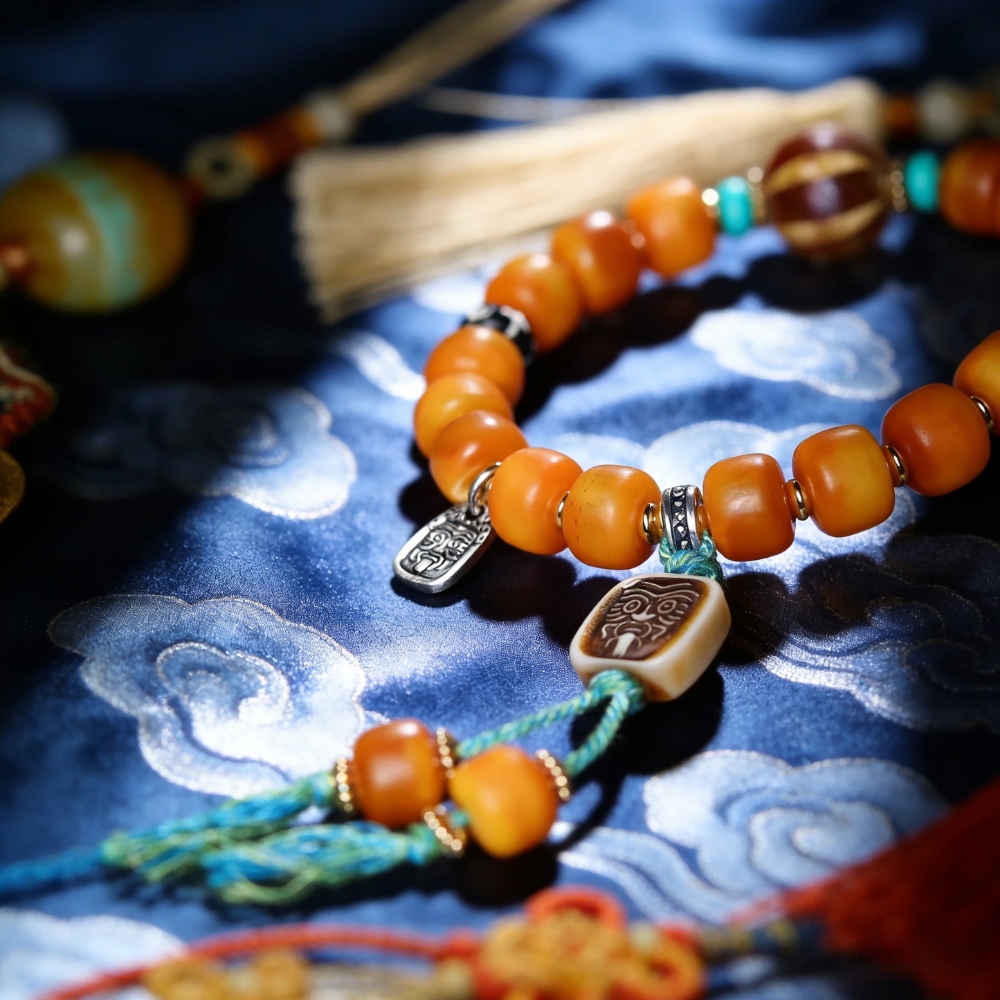 Handmade Tibetan Yak Bone Mala Bracelet, Vintage Citipati Amulet with Turquoise Spacers, Spiritual Protection Jewelry for Meditation