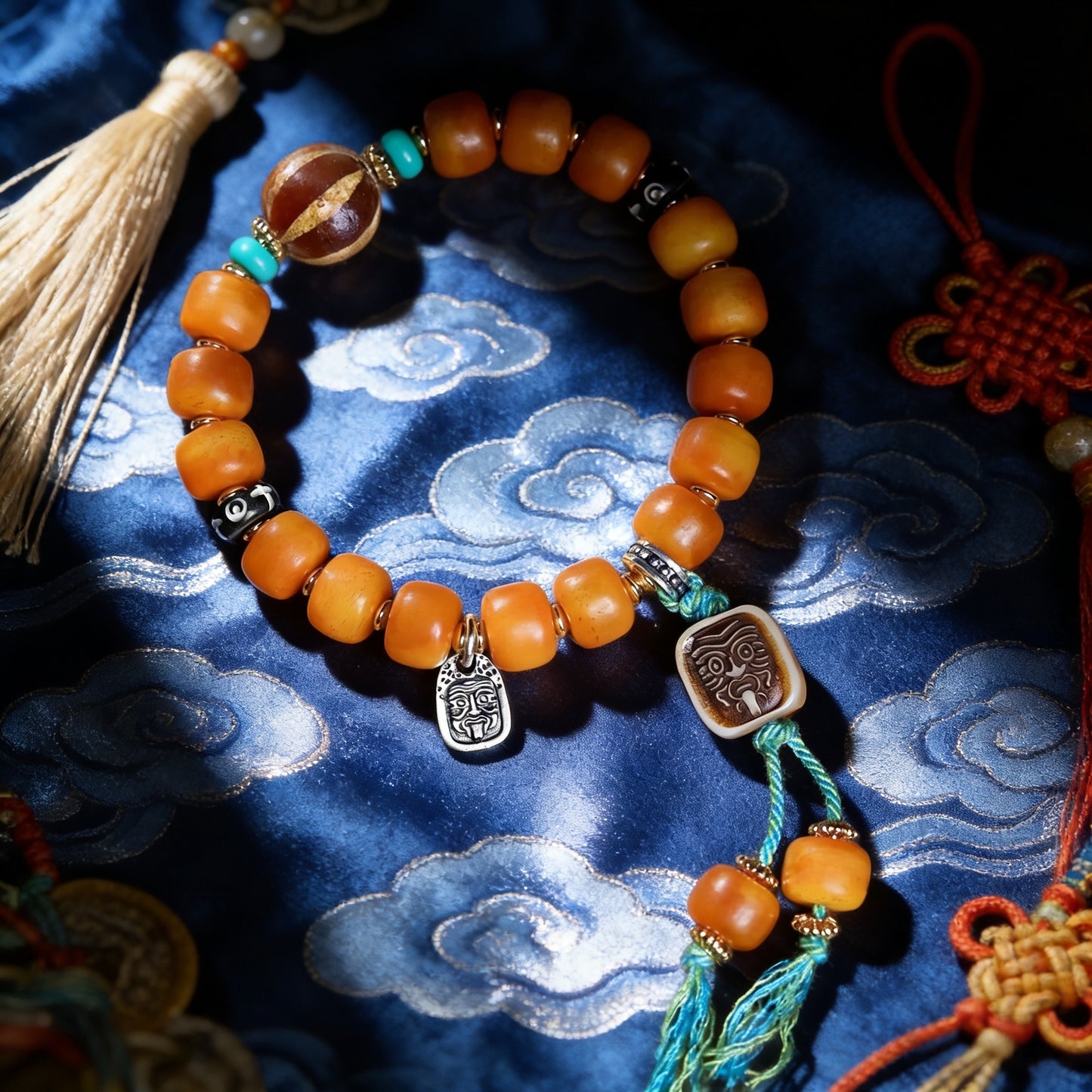 Handmade Tibetan Yak Bone Mala Bracelet, Vintage Citipati Amulet with Turquoise Spacers, Spiritual Protection Jewelry for Meditation