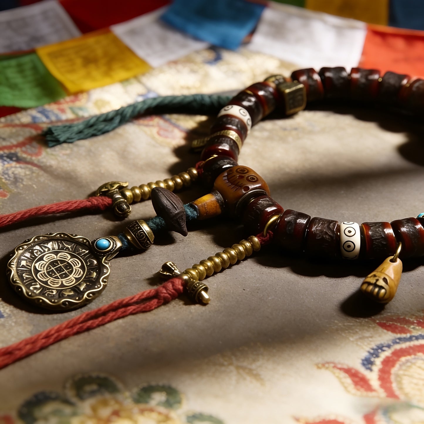 BraceletsAuthentic Tibetan Yak Bone Mala Bracelet, Handcrafted with Turquoise Dzi Bead & Citipati Amulet, Buddhist Prayer Beads for Meditation & Protection