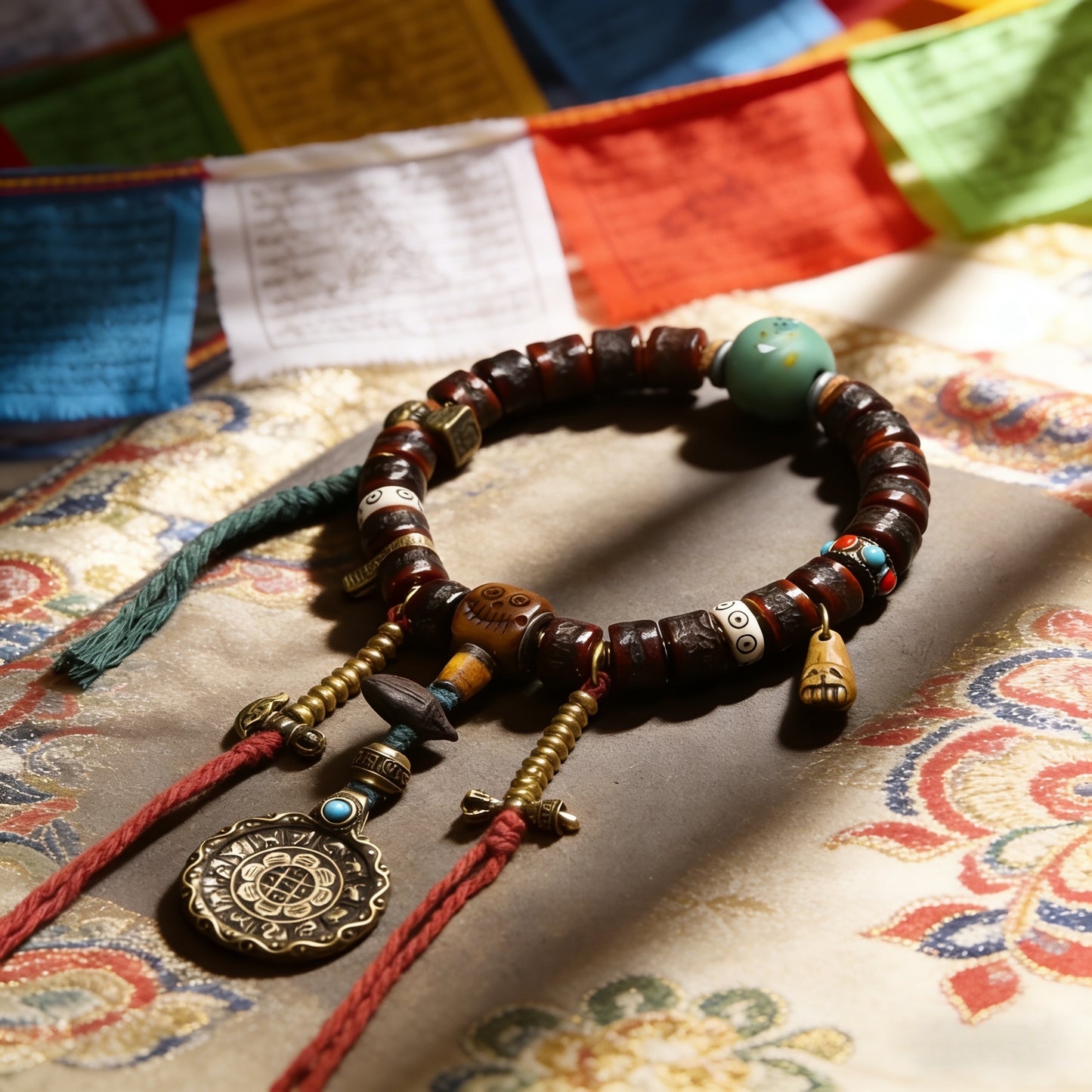 BraceletsAuthentic Tibetan Yak Bone Mala Bracelet, Handcrafted with Turquoise Dzi Bead & Citipati Amulet, Buddhist Prayer Beads for Meditation & Protection