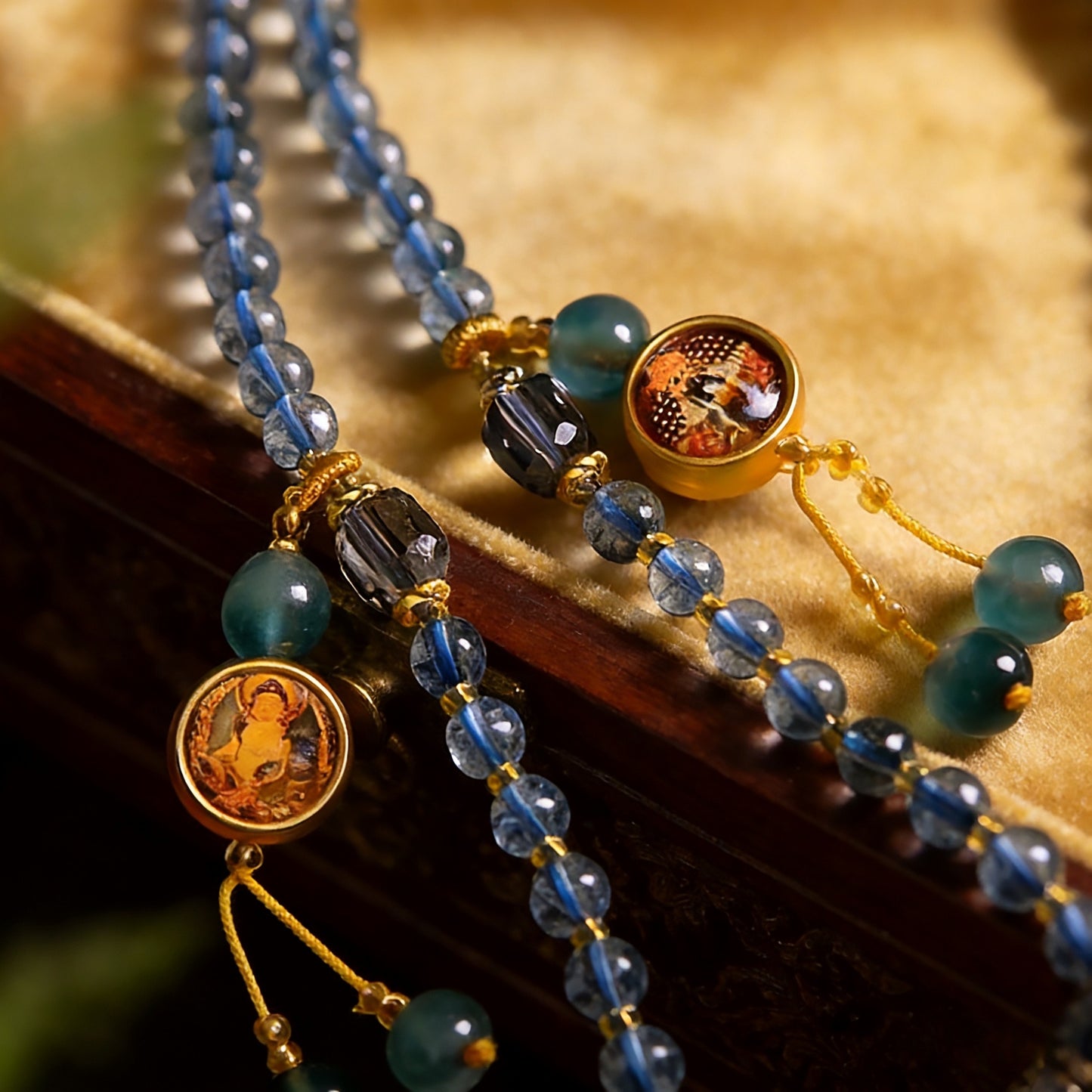 Handmade Tibetan 108 Mala Beads, Natural Gray-Blue Crystal Prayer Beads with Thangka Amulet, Tibetan Buddhist Meditation Mala