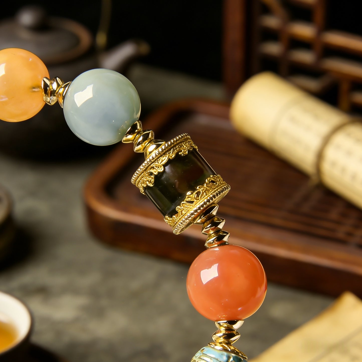 Original Lapis Lazuli, White Crystal, Tiger Eye, Tianshan Jade Multi-Gemstone Bracelet Chinese-style cultural bracelet