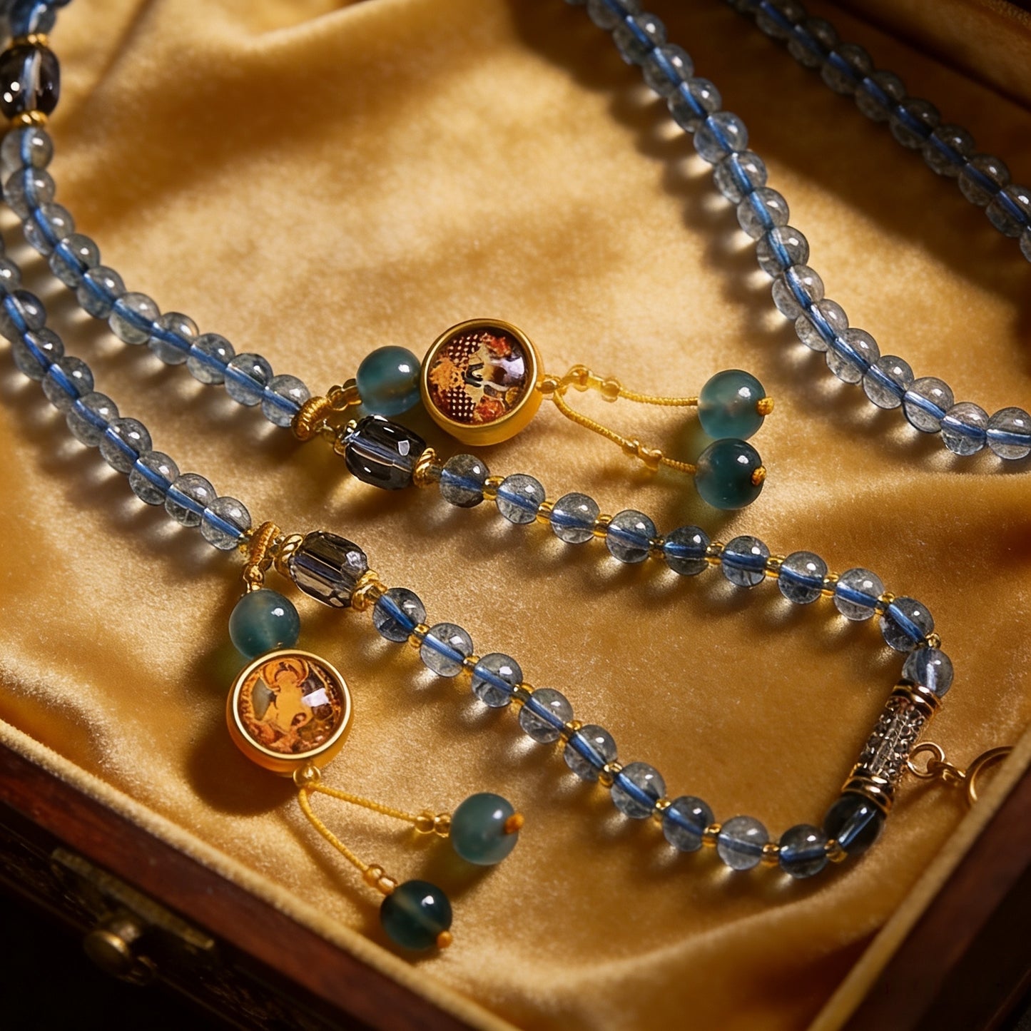 Handmade Tibetan 108 Mala Beads, Natural Gray-Blue Crystal Prayer Beads with Thangka Amulet, Tibetan Buddhist Meditation Mala