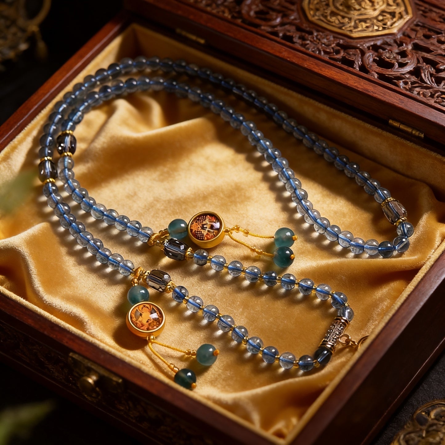 Handmade Tibetan 108 Mala Beads, Natural Gray-Blue Crystal Prayer Beads with Thangka Amulet, Tibetan Buddhist Meditation Mala