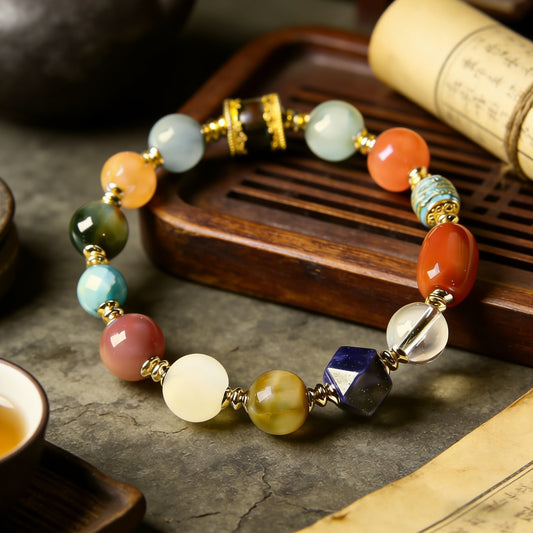 Original Lapis Lazuli, White Crystal, Tiger Eye, Tianshan Jade Multi-Gemstone Bracelet Chinese-style cultural bracelet