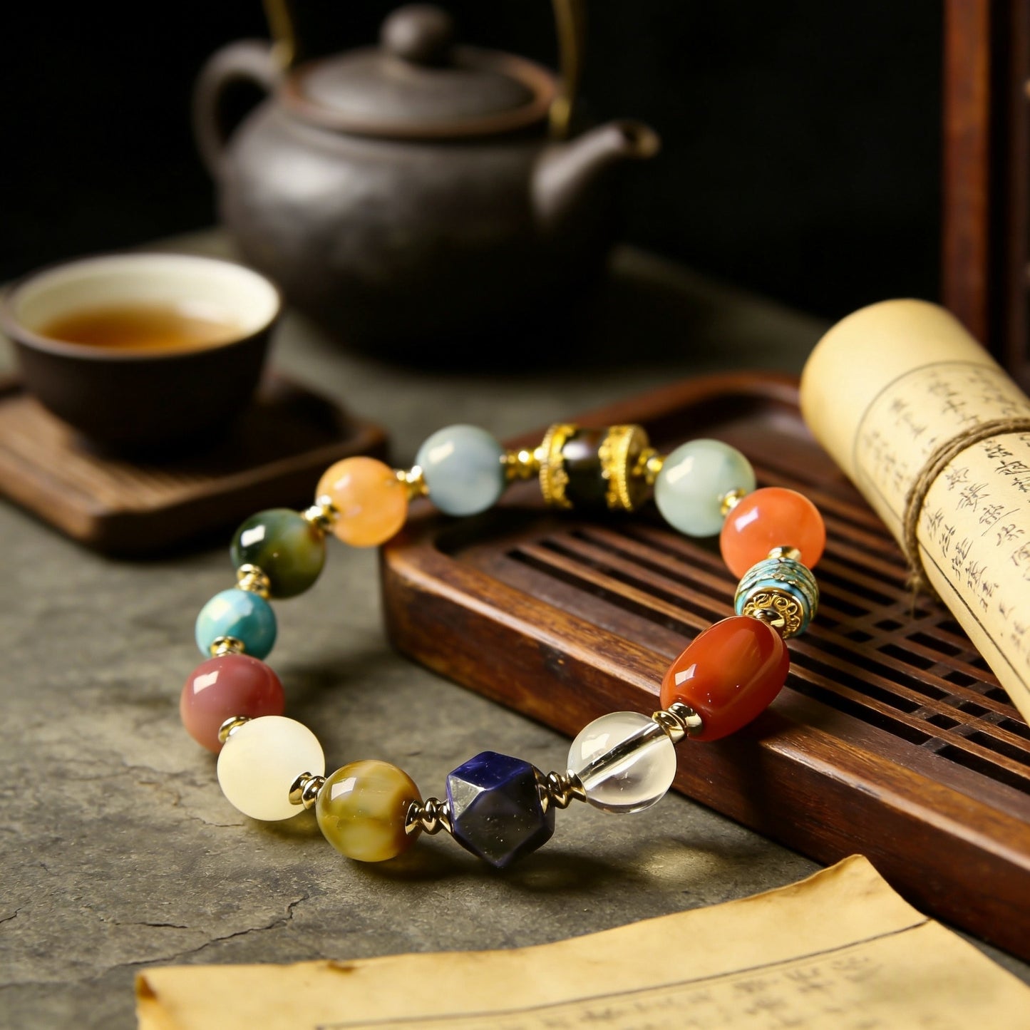 Original Lapis Lazuli, White Crystal, Tiger Eye, Tianshan Jade Multi-Gemstone Bracelet Chinese-style cultural bracelet