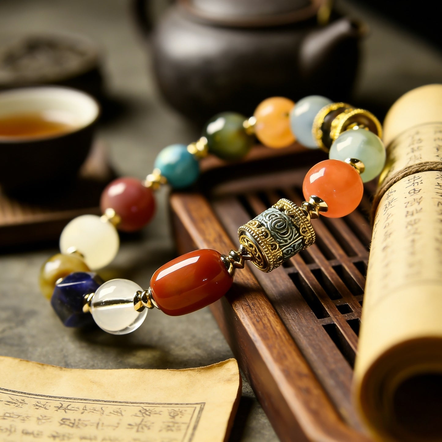 Original Lapis Lazuli, White Crystal, Tiger Eye, Tianshan Jade Multi-Gemstone Bracelet Chinese-style cultural bracelet