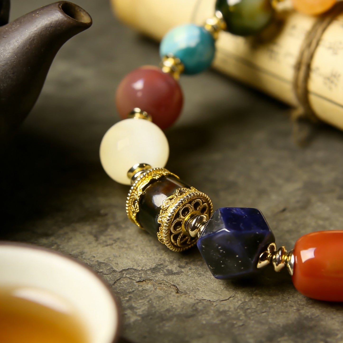 Original Lapis Lazuli, White Crystal, Tiger Eye, Tianshan Jade Multi-Gemstone Bracelet Chinese-style cultural bracelet