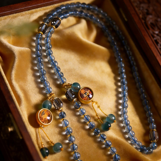 Handmade Tibetan 108 Mala Beads, Natural Gray-Blue Crystal Prayer Beads with Thangka Amulet, Tibetan Buddhist Meditation Mala