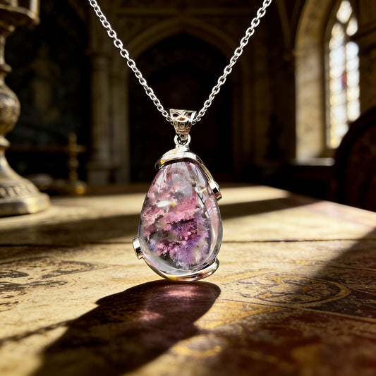 Tibetan Natural Purple Ghost Crystal Multilayered Water Drop Pendant with Silver Inlay Necklace