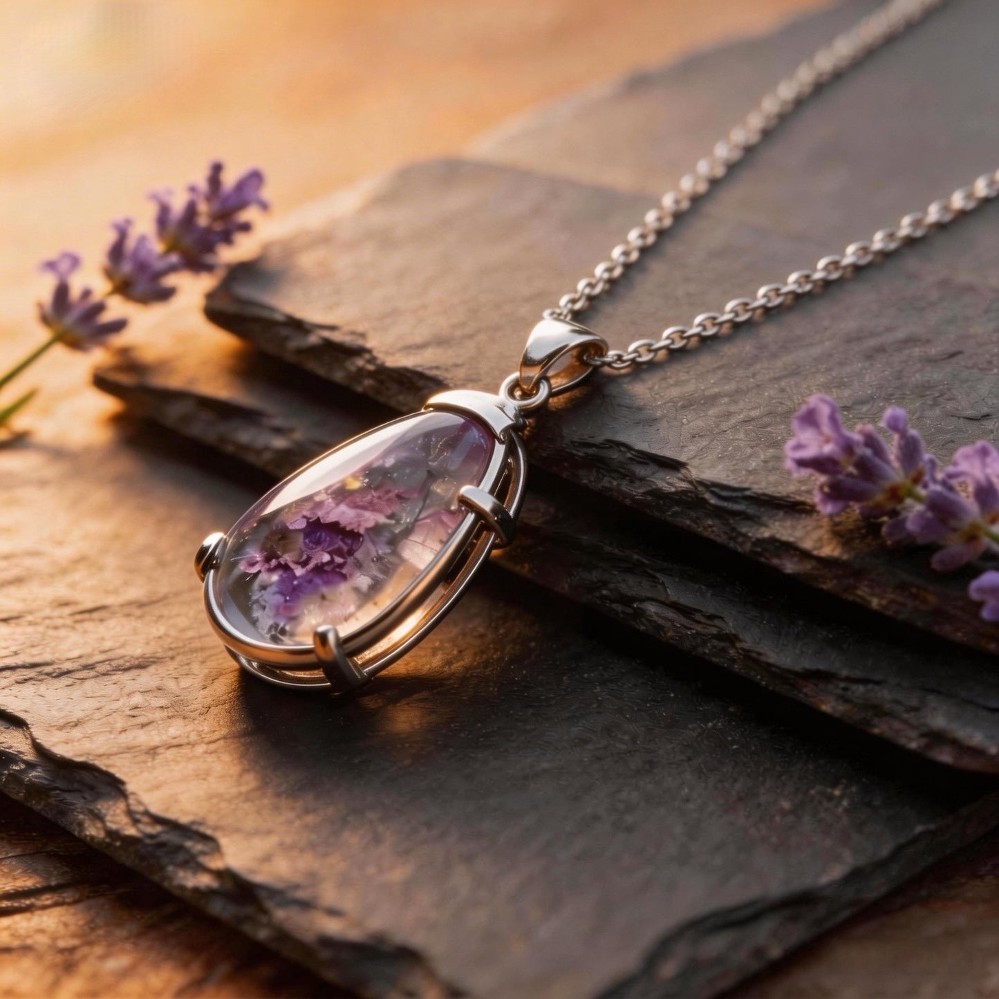 Tibetan Natural Purple Ghost Crystal Multilayered Water Drop Pendant with Silver Inlay Necklace