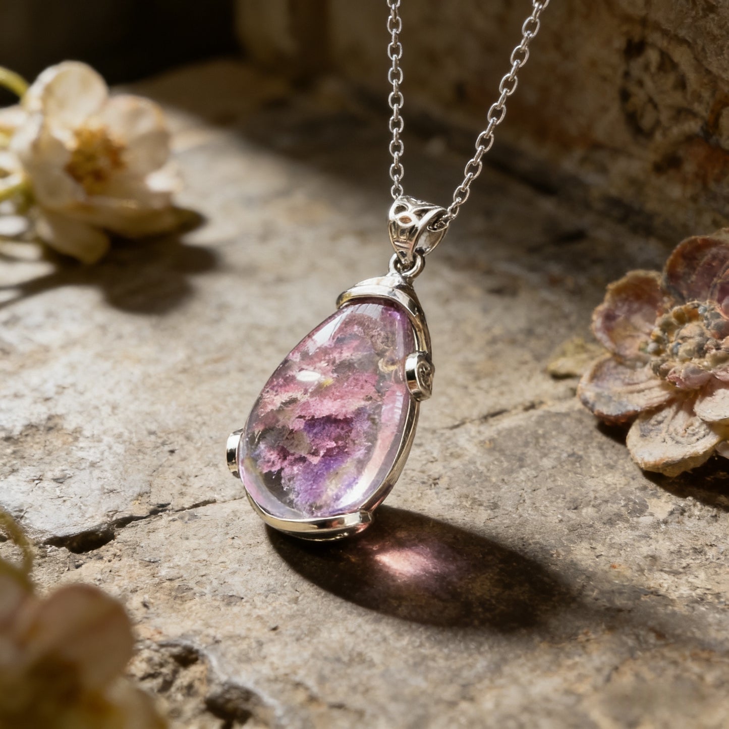 Tibetan Natural Purple Ghost Crystal Multilayered Water Drop Pendant with Silver Inlay Necklace