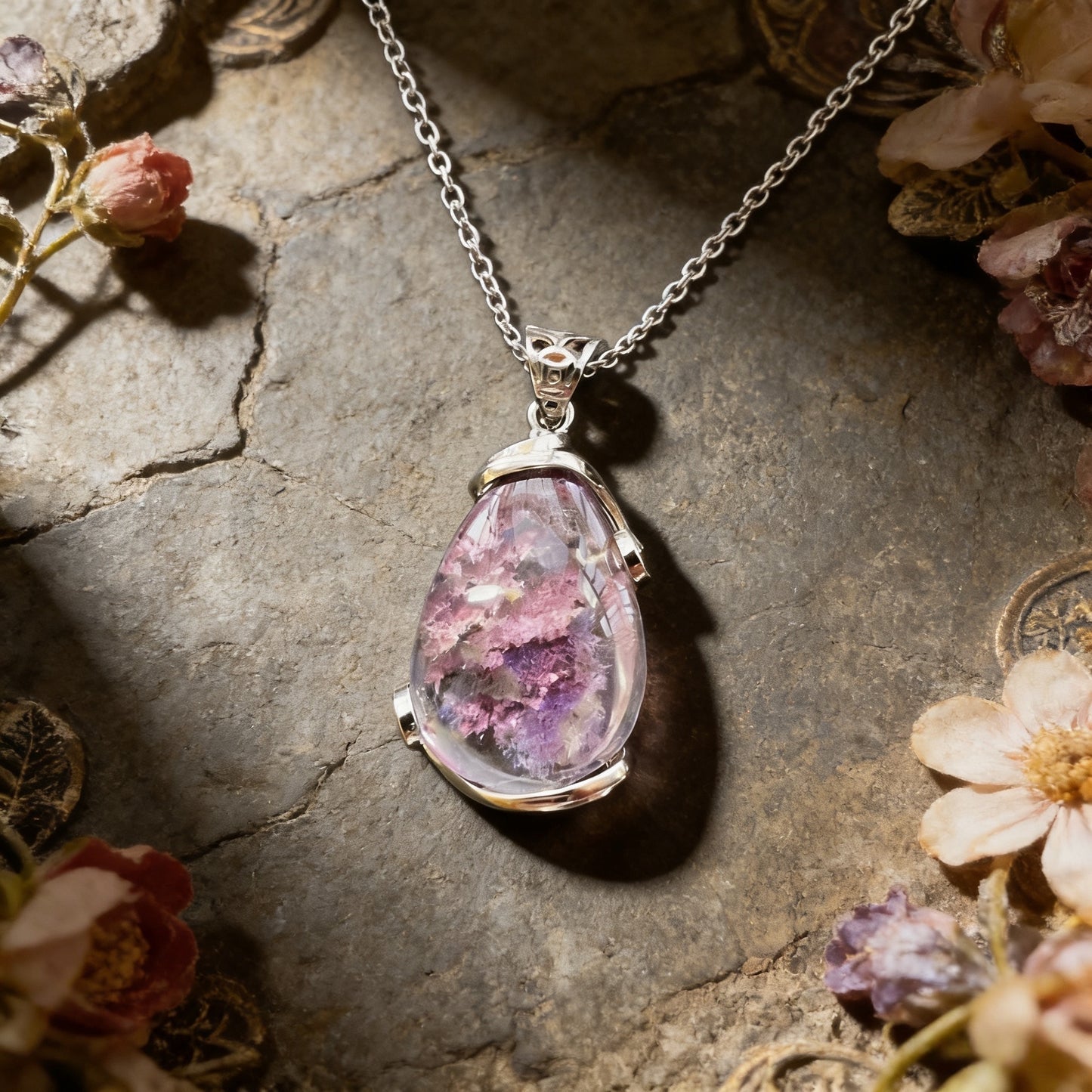 Tibetan Natural Purple Ghost Crystal Multilayered Water Drop Pendant with Silver Inlay Necklace
