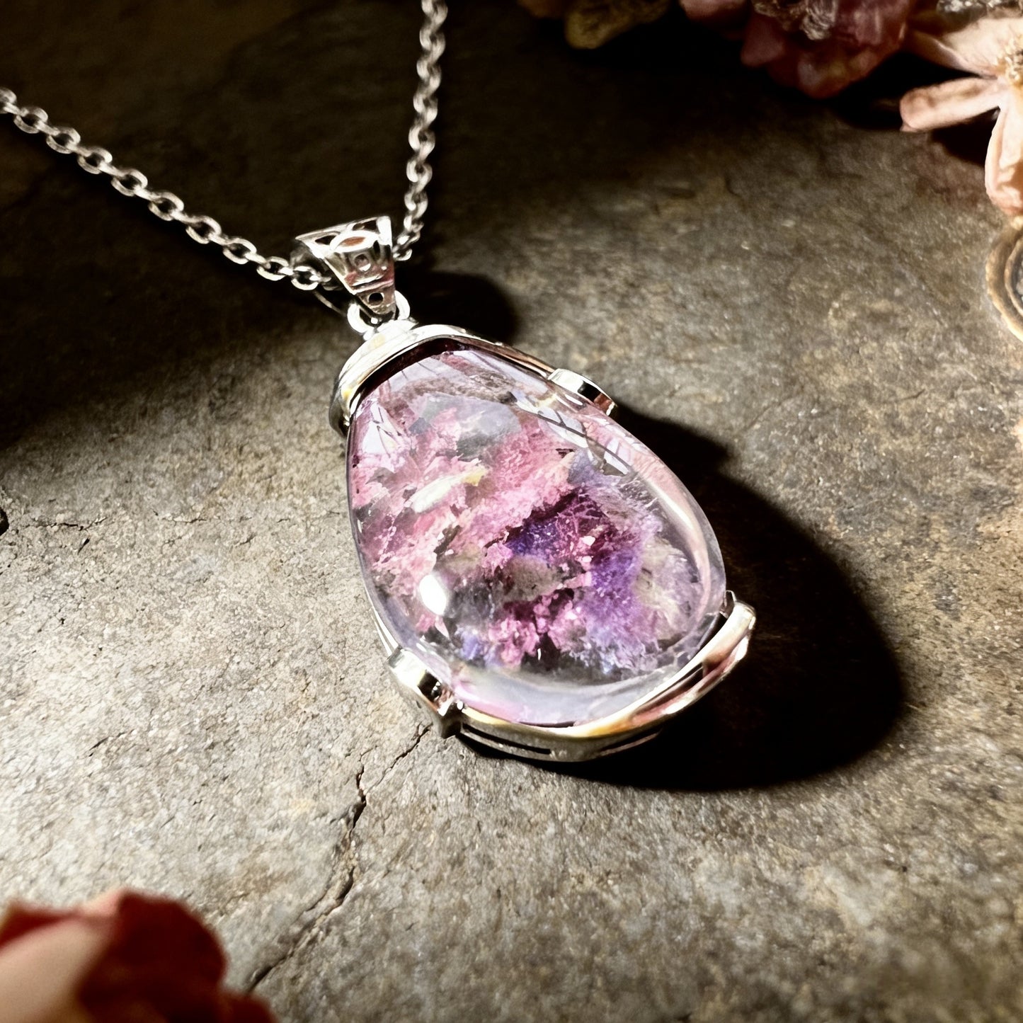Tibetan Natural Purple Ghost Crystal Multilayered Water Drop Pendant with Silver Inlay Necklace
