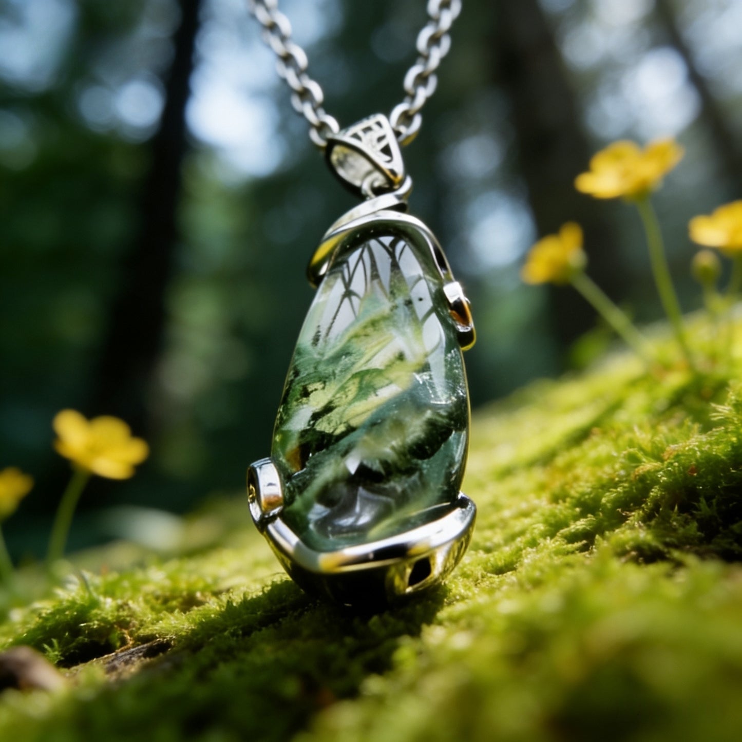 Tibetan Natural Phantom Green Quartz Multi-layered Water Drop Pendant with Silver Inlay Necklace
