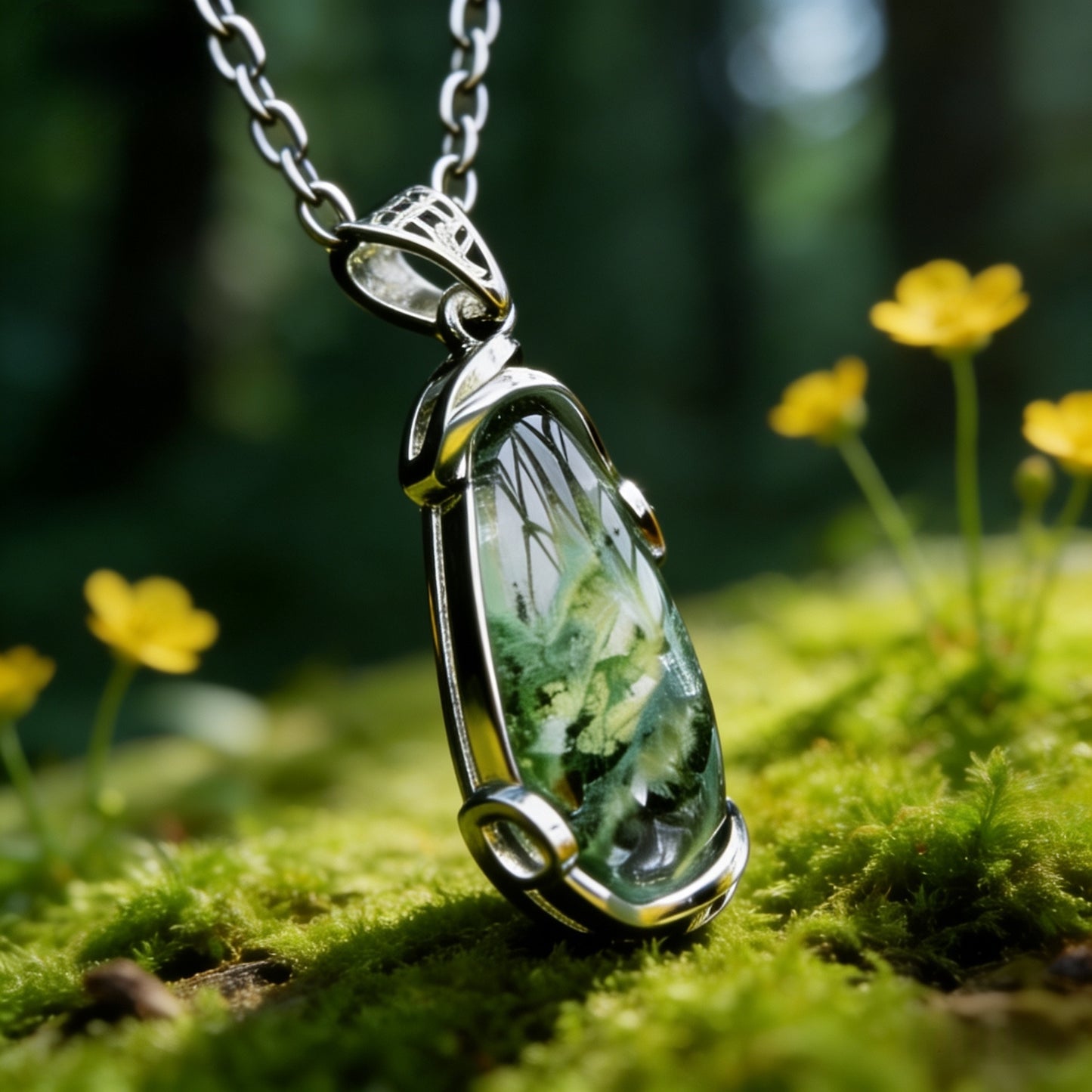 Tibetan Natural Phantom Green Quartz Multi-layered Water Drop Pendant with Silver Inlay Necklace