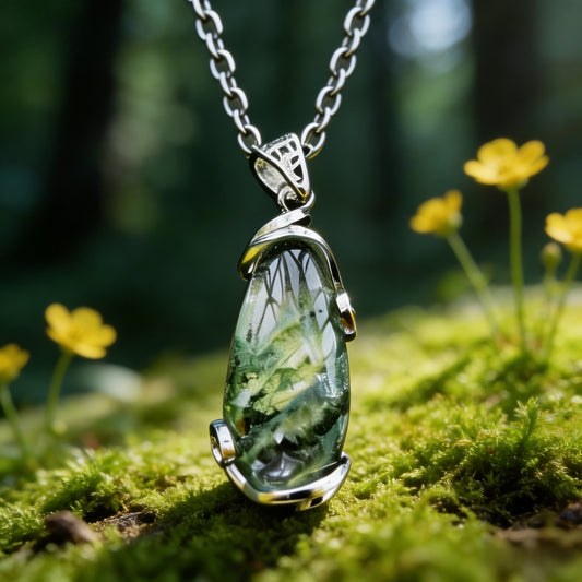 Tibetan Natural Phantom Green Quartz Multi-layered Water Drop Pendant with Silver Inlay Necklace