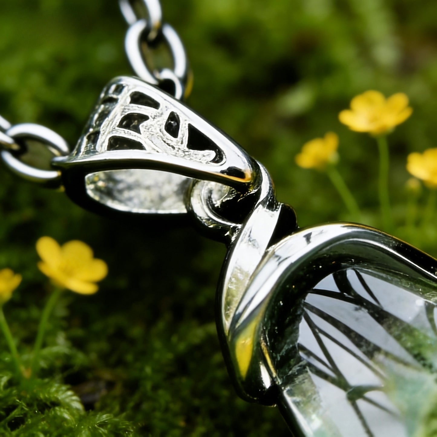 Tibetan Natural Phantom Green Quartz Multi-layered Water Drop Pendant with Silver Inlay Necklace