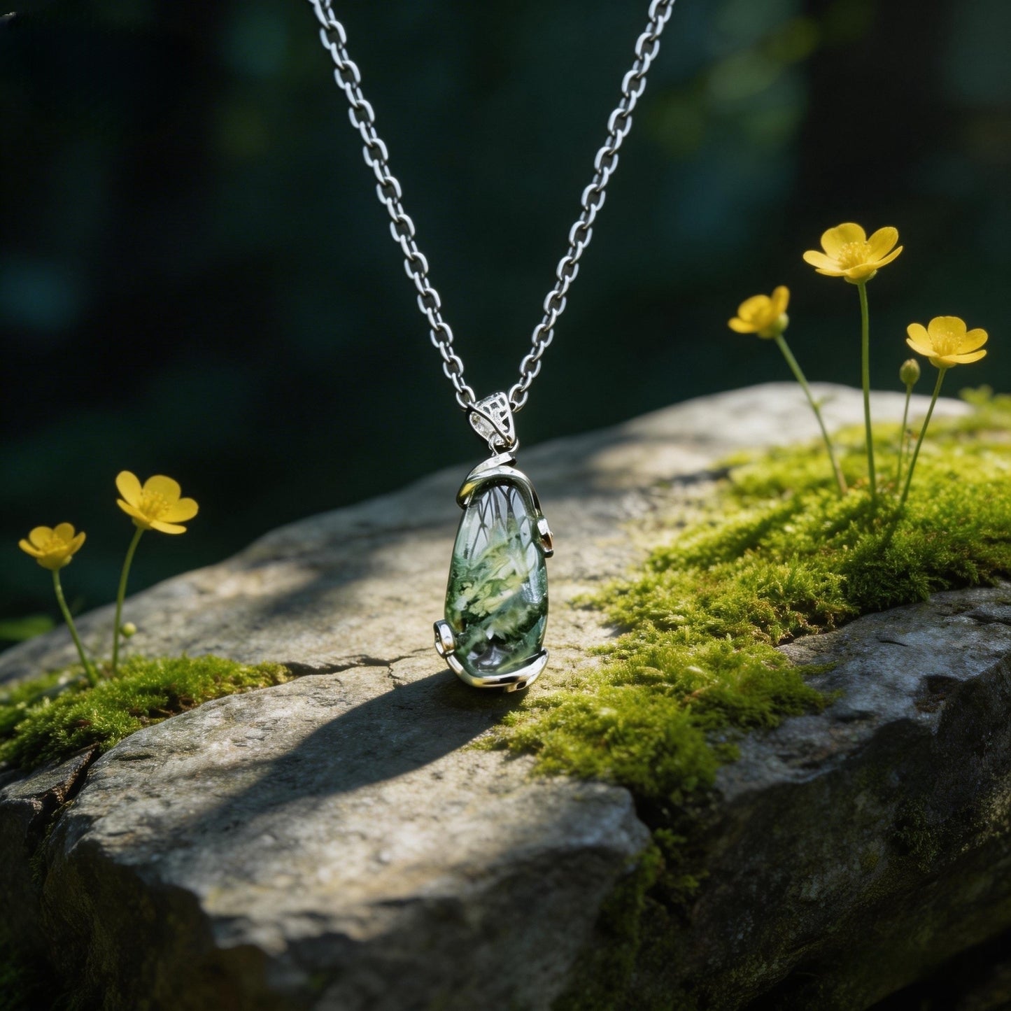 Tibetan Natural Phantom Green Quartz Multi-layered Water Drop Pendant with Silver Inlay Necklace