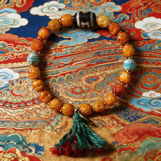 TIBETAN YAK BONE BRACELET WITH HEAVEN &EARTH TWO EYE DZI BEAD,BUDDHIST PRAYER BEADS MALA HANDMADE BRACELET