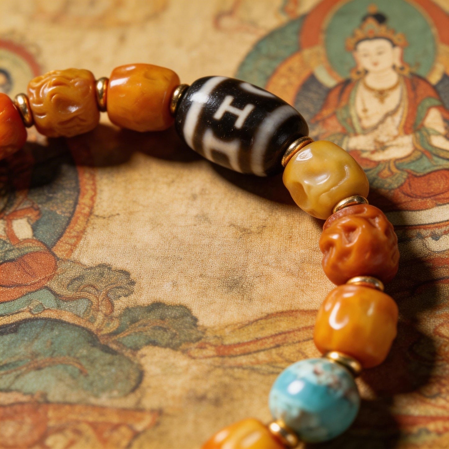 TIBETAN YAK BONE BRACELET WITH HEAVEN &EARTH TWO EYE DZI BEAD,BUDDHIST PRAYER BEADS MALA HANDMADE BRACELET