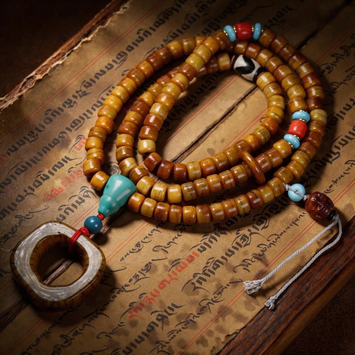 TIBETAN YAK BONE MALA NECKLACE,BARREL BEAD PRAYER BEADS PENDANT NECKLACE