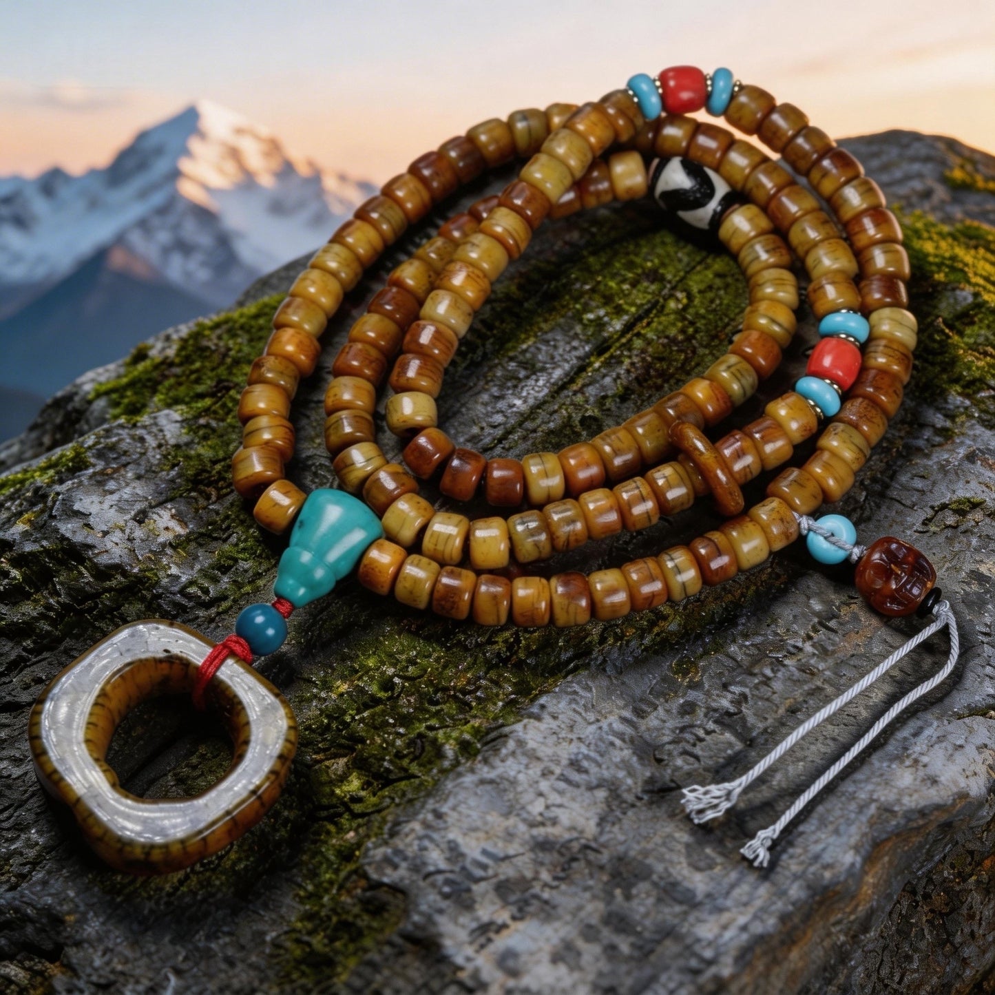 TIBETAN YAK BONE MALA NECKLACE,BARREL BEAD PRAYER BEADS PENDANT NECKLACE