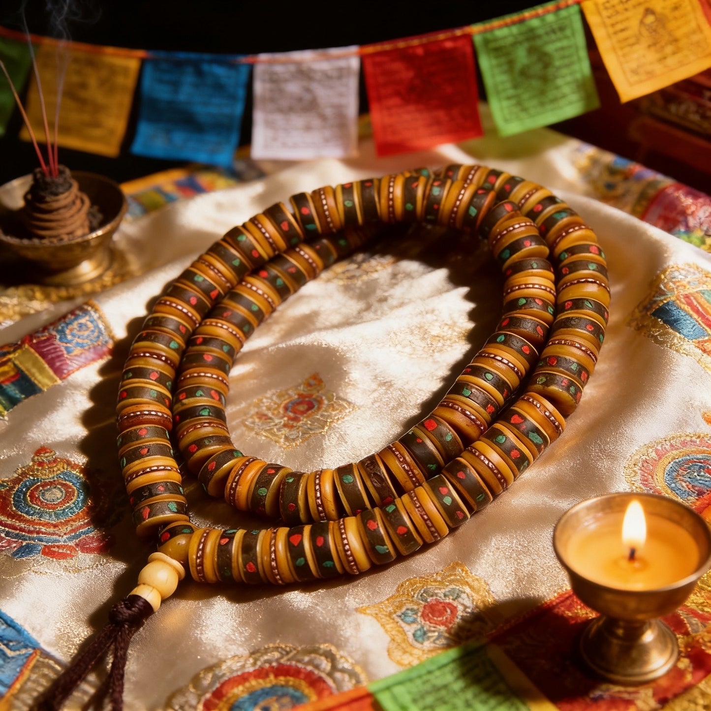 Authentic Tibetan 108 Yak Bone Mala, Hand-inlaid Colorful Tibetan Buddhist Prayer Beads, Meditation Spiritual Jewelry