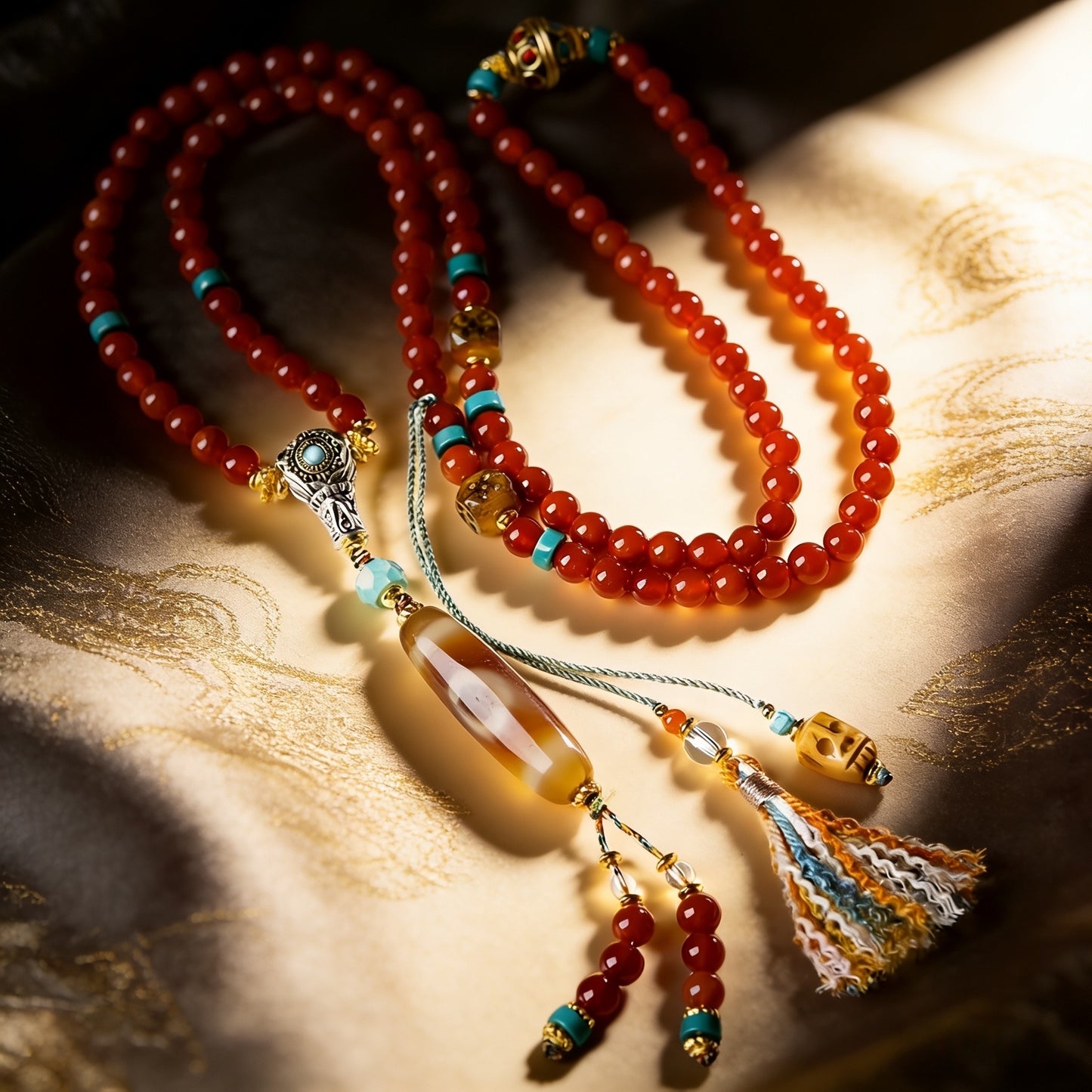 Handmade Tibetan 108 Mala Beads, Natural Red Agate Prayer Beads with Dzi Bead & Citipati Amulet, Tibetan Buddhist Meditation Mala