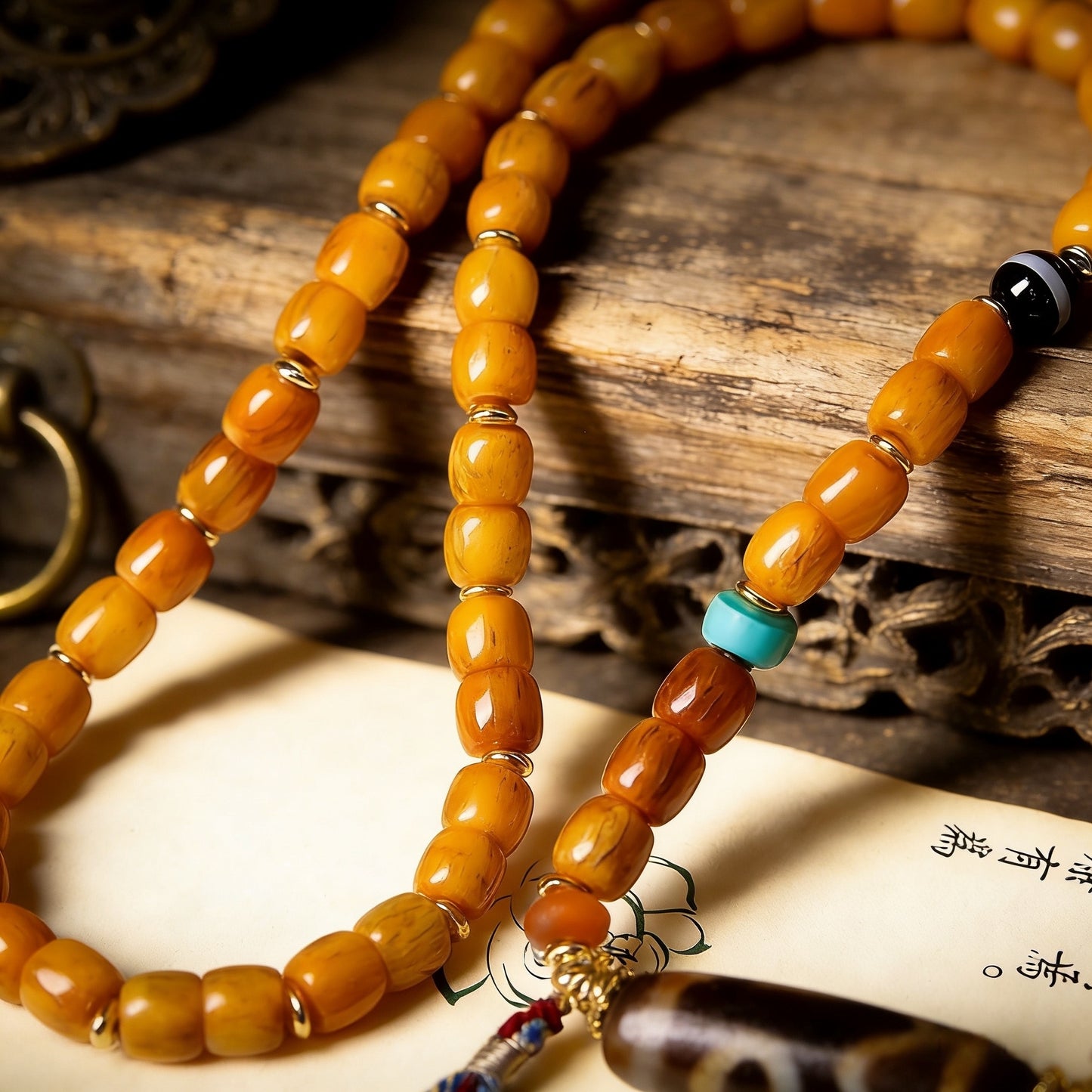 Original Tibetan-style bone barrel bead multi-loop bracelet Ethnic-style two-eyed dzi bead necklace
